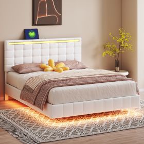 Queen Size Floating Bed Frame with LED Lights and USB Charging,Modern Upholstered Platform LED Bed Frame,White