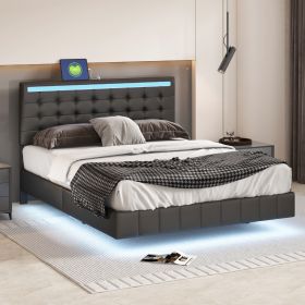 Queen Size Floating Bed Frame with LED Lights and USB Charging,Modern Upholstered Platform LED Bed Frame,Black