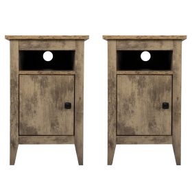 Set of 2 Wood Side Table, Narrow End Table with Cabinet and Shelf, 2-Tier Nightstand for Small Space (Color: Archaize color)